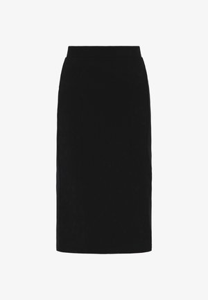 Gonna a matita nera con una texture liscia, colore solido, design al ginocchio e silhouette aderente; senza motivi o dettagli visibili.