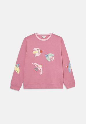 Pink sweatshirt featuring colorful embroidered bird designs, ribbed neckline and cuffs, and a soft, textured fabric.