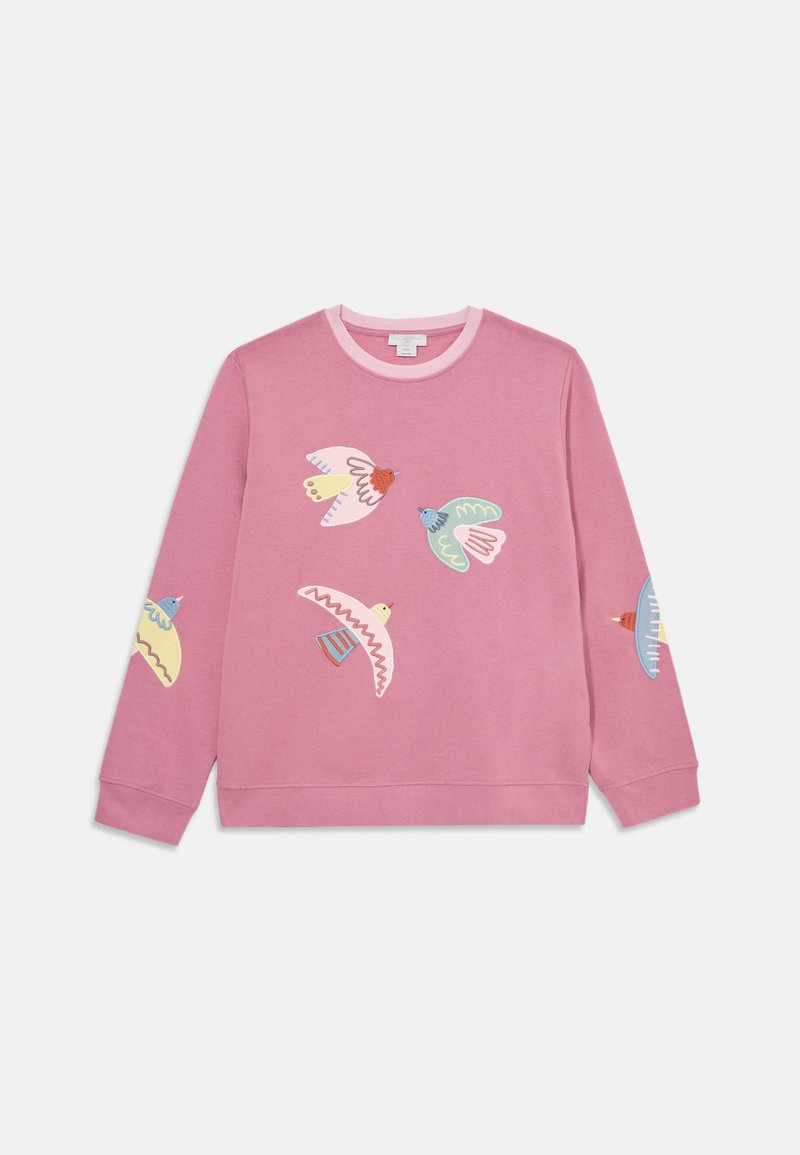 Ροζ φούτερ με πολύχρωμα κεντημένα σχέδια πουλιών, ριπ με λαιμόκοψη και μανσέτες, και μαλακό, υφασμάτινο ύφασμα.