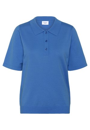 Modra bombažna polo majica s ovratnikom, kratkimi rokavi in rebrastim robom, z dvema gumboma na sprednji strani.