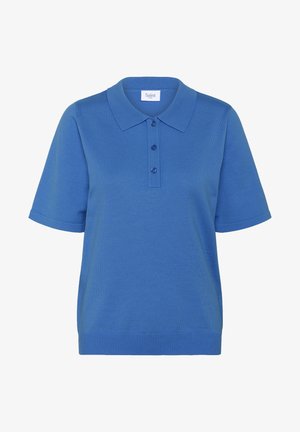 Chemise polo en coton bleu avec un col, des manches courtes et un ourlet côtelé, dotée de trois boutons sur le devant.