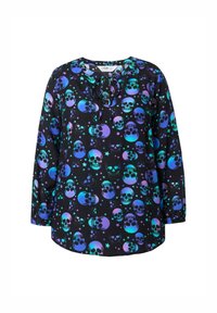 Langärmlige schwarze Bluse mit einem multicolorben Schädel- und Sternmuster, runder Ausschnitt und einer SchleifenDETAIL vorne.