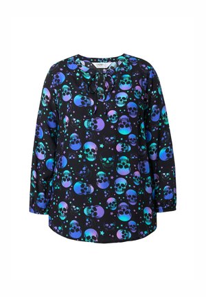 Langärmlige schwarze Bluse mit einem multicolorben Schädel- und Sternmuster, runder Ausschnitt und einer SchleifenDETAIL vorne.