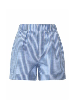 Kék rövidnadrág függőleges fehér csíkokkal, elasztikus derékrésszel és hajtott szegéllyel, fehér háttér előtt bemutatva.