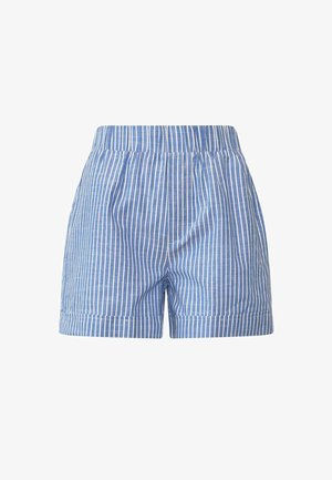 Kék rövidnadrág függőleges fehér csíkokkal, elasztikus derékrésszel és hajtott szegéllyel, fehér háttér előtt bemutatva.