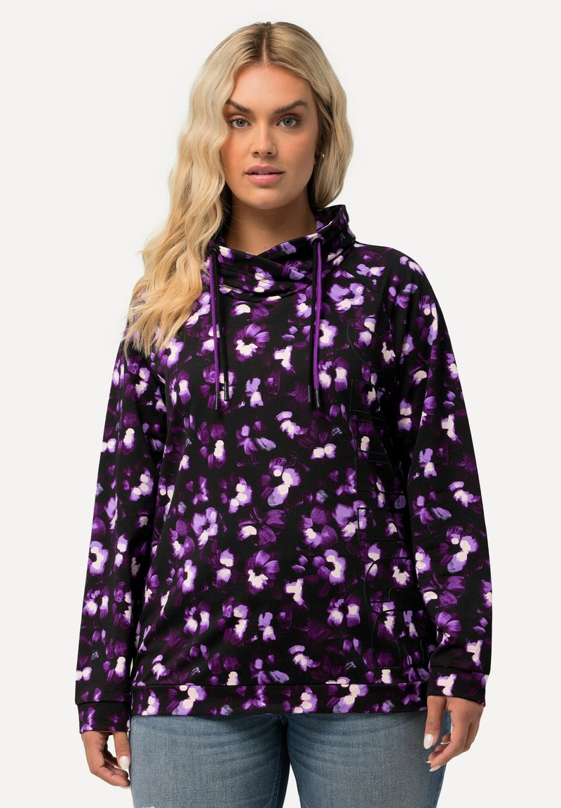 Paarse hoodie met bloemenpatroon, voorzien van een kraag en trekkoorden, gemaakt van zachte stof, met lange mouwen en een relaxte pasvorm.