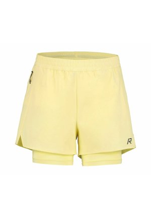 Gule atletikshorts med indbygget kompressionsindlæg og sidelomme med lynlås, med en lille "R"-logo på kanten.