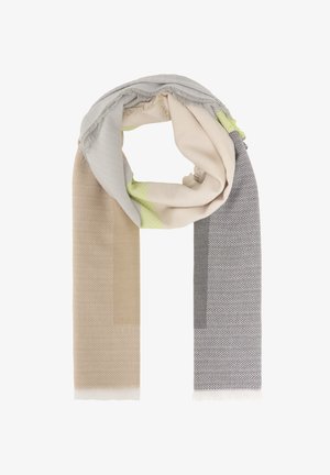 Écharpe en textile au toucher doux, présentant un motif géométrique dans des tons de beige, gris et vert clair, avec des bords effilochés pour plus de détails.