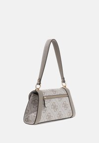  Szara torebka o wzorzystym wzorze, z usztywnionym kształtem, teksturowaną powierzchnią, górną rączką i złotymi elementami metalowymi. Posiada przednią kieszeń zapinaną na suwak.