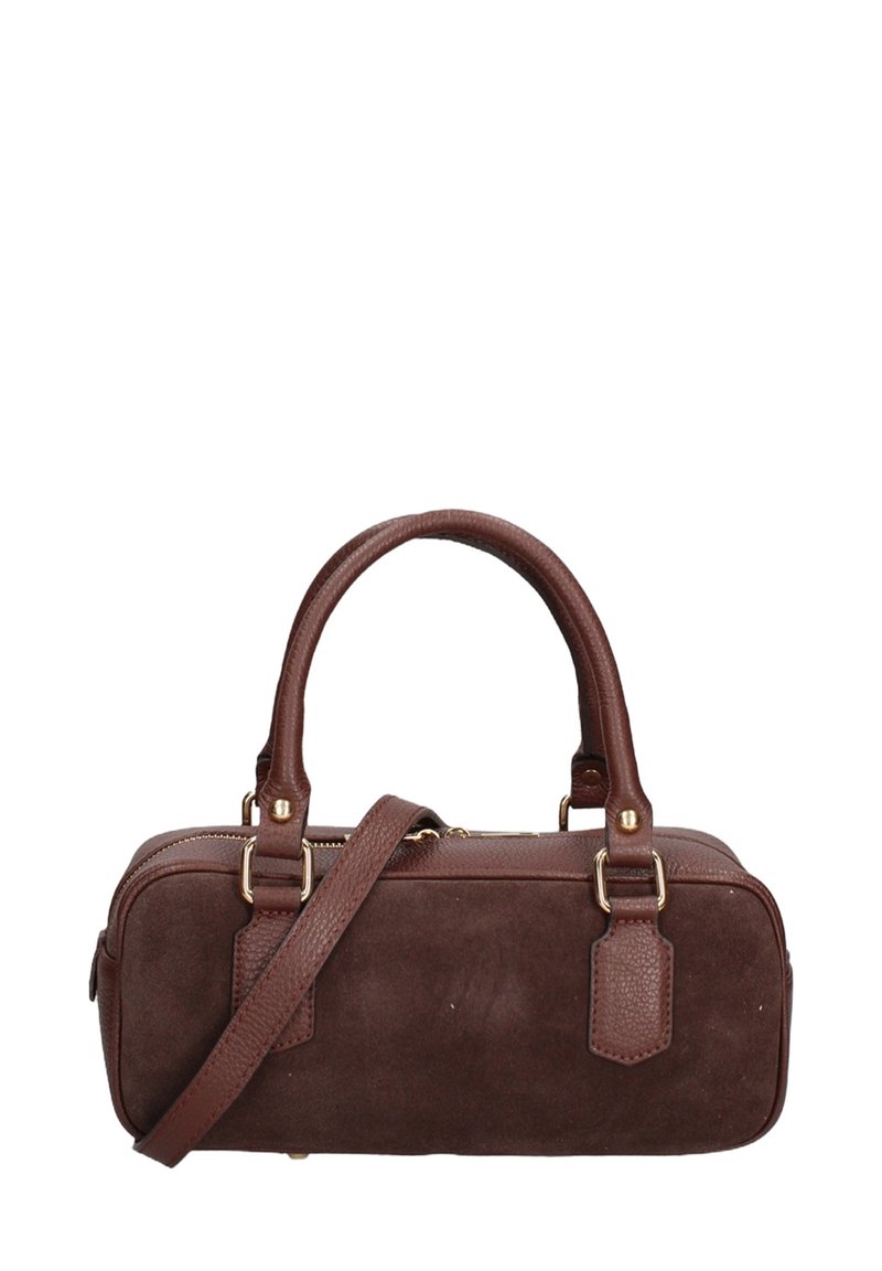 Borsa a tracolla in suede marrone con forma rettangolare, doppio manico superiore, tracolla removibile e dettagli in hardware dorato.