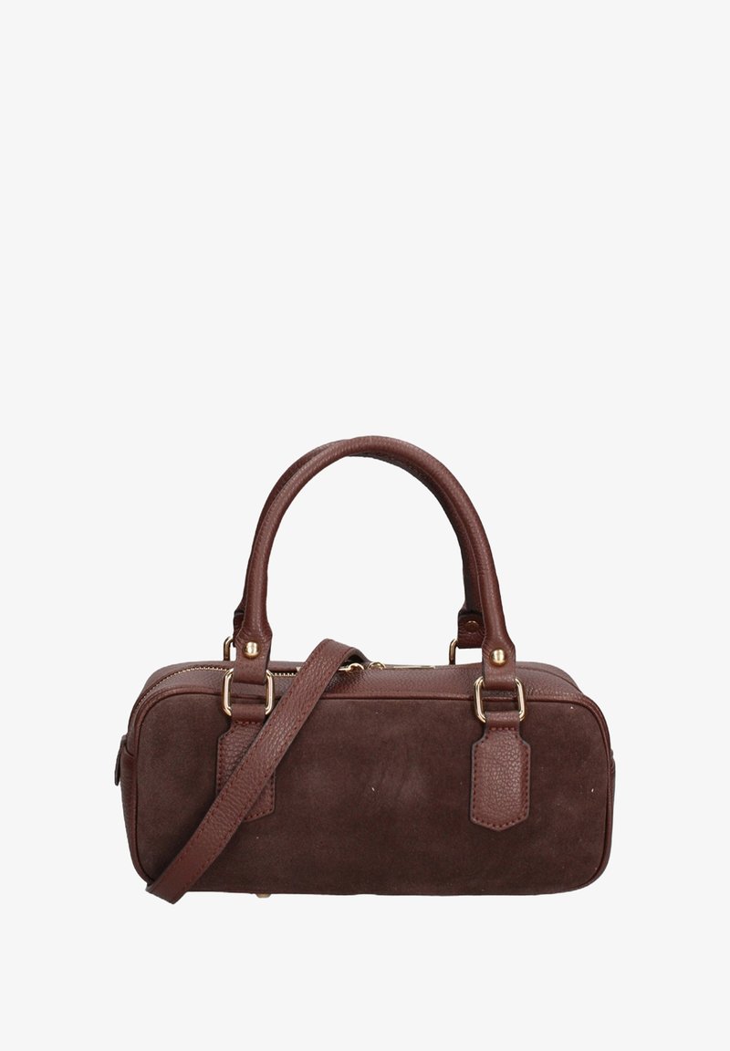 Borsa a tracolla in suede marrone con forma rettangolare, doppio manico superiore, tracolla removibile e dettagli in hardware dorato.