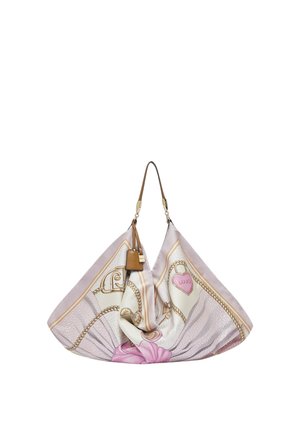 Borsa in seta morbida rosa e beige con catena e motivi a cuori, manici in pelle marrone e piccolo etichetta in pelle attaccata.