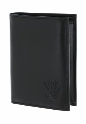 Portefeuille bifold en cuir noir avec bords cousus et un logo grenouille embossé dans le coin inférieur droit à l'avant.