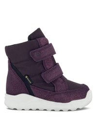 Stivali viola con una finitura testurizzata, cinturini in Velcro regolabili e suola in gomma bianca, dotati di un design impermeabile.