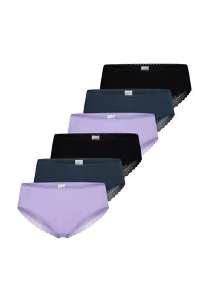 Sei mutandine da donna in stile hipster con colori alternati nero, blu scuro e lavanda, ciascuna con bordatura in pizzo agli orli delle gambe.
