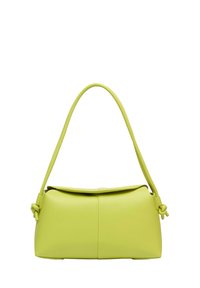 Torebka z sztucznej skóry w limonkowym kolorze o zdefiniowanej, zaokrąglonej formie i pojedynczym węzłowym uchwycie. Gładka tekstura z klapkowym zapięciem.