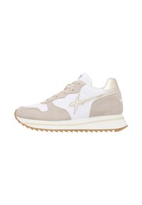 Beige and white sneaker made of suede and mesh, featuring a white midsole, textured rubber outsole, and gold accents on the heel and logo.