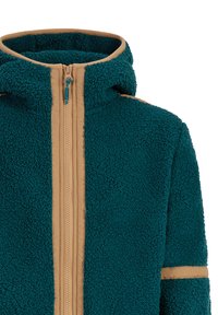 Tyrkysová fleecová bunda s béžovým zipsom a detalmi. Obsahuje kapucňu a vertikálny zips vpredu. Textúrovaná tkanina s jemným povrchom.