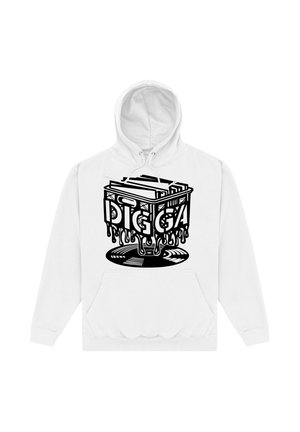 Felpa bianca con cappuccio con grafica nera di una cassa che gocciola piena di dischi in vinile sopra un disco in vinile che gocciola.