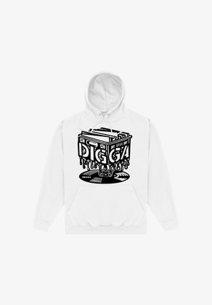 Weißer Hoodie mit schwarzer Grafik einer tropfenden Kiste voller Schallplatten über einer tropfenden Schallplatte.