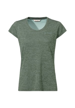 Groen dames sport-T-shirt met korte mouwen en ronde hals, voorzien van een subtiel gemêleerd patroon en een klein Vaude-logo op de bovenkant van de borst.