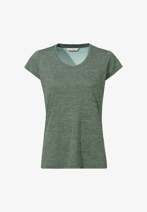 Groen dames sport-T-shirt met korte mouwen en ronde hals, voorzien van een subtiel gemêleerd patroon en een klein Vaude-logo op de bovenkant van de borst.