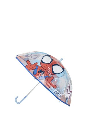 Ombrello trasparente per bambini con manico blu che presenta il personaggio dei cartoni animati Spider-Man in tuta rossa e blu sulla cupola.