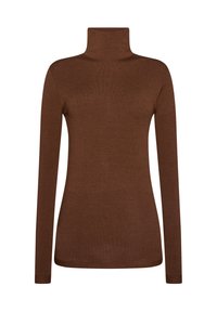 Maglione marrone a collo alto con maniche lunghe, realizzato in tessuto morbido e strutturato, caratterizzato da una forma aderente e un design minimalista.