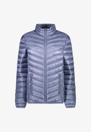 Lichtgewicht jack met een chevronpatroon in zacht lavendel, met een hoge kraag, ritssluiting aan de voorkant en zijzakken. Gladde, glanzende textuur.