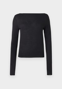 Maglietta nera a maniche lunghe con scollatura dritta e design aderente, realizzata in un materiale leggero e morbido. Semplice e di colore uniforme senza pattern.