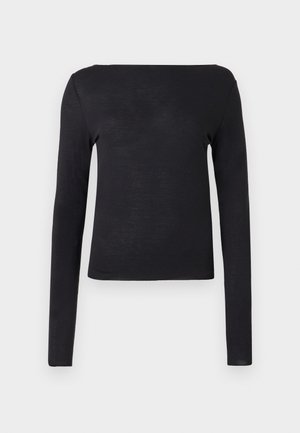 Svart langermet skjorte med rett utringning og tettsittende design, laget av et mykt og lett materiale. Enkel og ensfarget uten mønstre.