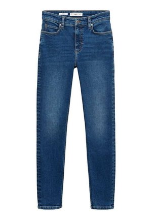 Blauwe denim jeans, slim fit, vijf zakken ontwerp, vervaagde gebieden op de dijen, metalen knoop en ritssluiting, en riemlussen bij de taille.