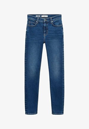 Blugi din denim albaştri, tăiere slim fit, design cu cinci buzunare, zone estompate pe coapse, închidere cu un buton metalic şi fermoar, şi obiceiuri pentru curea la talie.