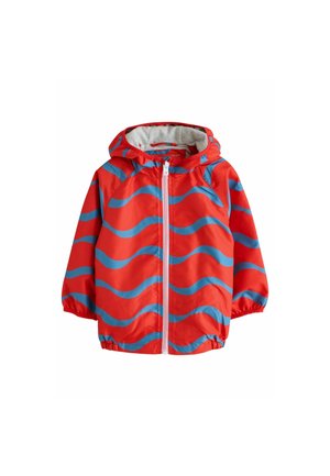 Rode regenjas met blauwe golfpatronen, een grijs gevoerde capuchon, ritssluiting aan de voorkant en elastische manchetten. Lichtgewicht, waterafstotend materiaal.