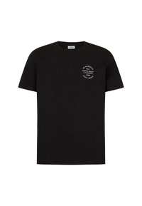 T-shirt en coton noir avec col rond, manches courtes et petit logo circulaire blanc sur la poitrine gauche comprenant du texte et une année.