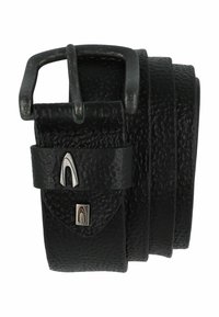 Zwarte leren riem met een gestructureerde afwerking, voorzien van een metalen gesp en zilveren accenten. Inclusief een lus en twee kleine logo-details.