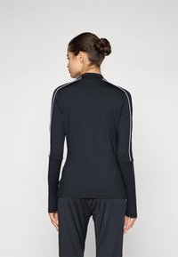 Black long-sleeve sports top with a high collar, featuring white stripes along the shoulders. Made from a smooth, flexible fabric.
