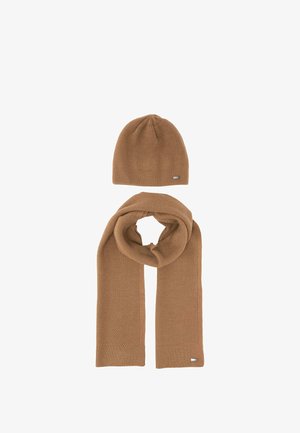 Brown knitted winter hat and matching scarf with a textured pattern, displayed on a white background.