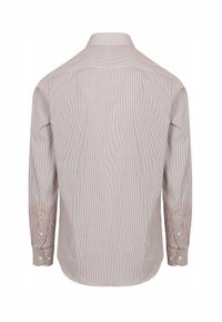 Gestreepte langemouwenshirt in lichtbeige en bruine katoen, met een button-down kraag en knoopsluitingen bij de manchetten. Kenmerkt zich door een op maat gemaakt ontwerp aan de achterkant.