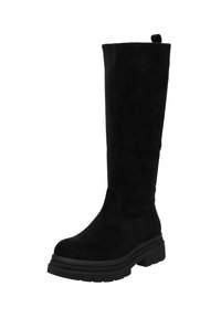 Zwarte kniehoge laarzen van suède met een dikke rubberen zool, een afgeronde neus en een lus aan de achterkant voor gemakkelijk aantrekken.