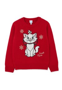 Maglione rosso lavorato a maglia con una gatta bianca con un fiocco e un collare a quadretti, accompagnato da motivi di fiocchi di neve e dal testo "Sweet Marie."
