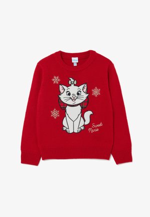 Maglione rosso lavorato a maglia con una gatta bianca con un fiocco e un collare a quadretti, accompagnato da motivi di fiocchi di neve e dal testo "Sweet Marie."