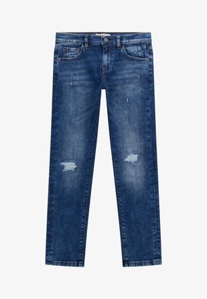 Jean en denim bleu à coupe droite avec des zones décolorées et usées sur les cuisses et les genoux, doté d'un style à cinq poches et d'une fermeture par bouton.