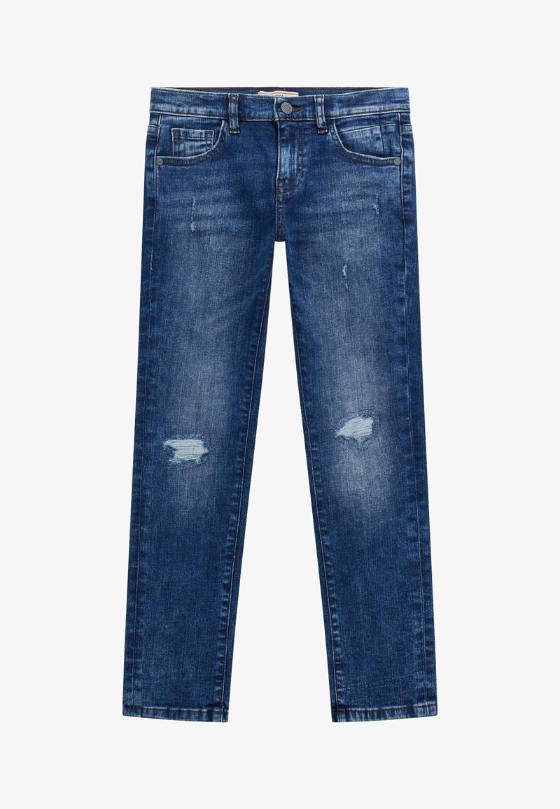 Jean en denim bleu à coupe droite avec des zones décolorées et usées sur les cuisses et les genoux, doté d'un style à cinq poches et d'une fermeture par bouton.