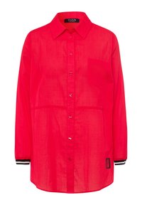 Rode longsleeve shirt van lichtgewicht stof, met een knoopsluiting aan de voorkant, een borstzak en gestreepte manchetaccents. Merklabel zichtbaar.