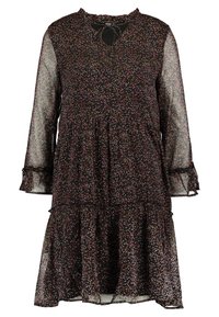 Svart klänning med långa ärmar, prydd med ett spritt mönster av flerfärgade prickar, en nyckelhålskrage och lager av volang i fållen. Transparent tyg med strukturerad finish.