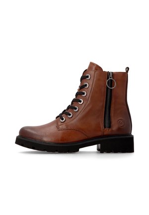 Brown leather lace-up ankle boot with black sole and side zipper featuring a round metal pull tab.