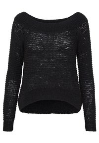 Czarny sweter w robótce dzianinowej z dekoltem typu off-shoulder, luźnym splotem, długimi rękawami i ściągaczem na dole. Charakteryzuje się swobodnym, skróconym fasonem.