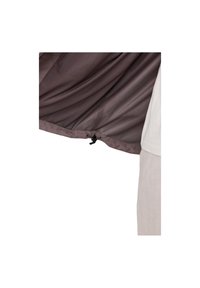 Brown lightweight jacket fabric with mesh lining, featuring a cinch toggle closure at the hem for adjustability. Textured surface detail visible.