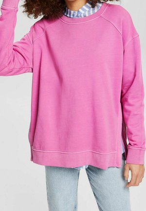 Roze sweatshirt met lange mouwen en een ontspannen pasvorm. Heeft een geribbelde halslijn en boorden. Gecombineerd met een blauw-wit gestreept shirt eronder.